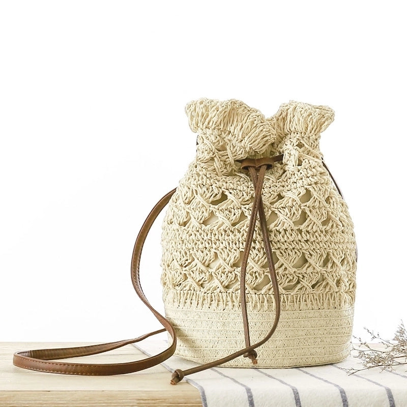 New Hollow Shoulder Bucket Straw Woven Bag 20*28cm