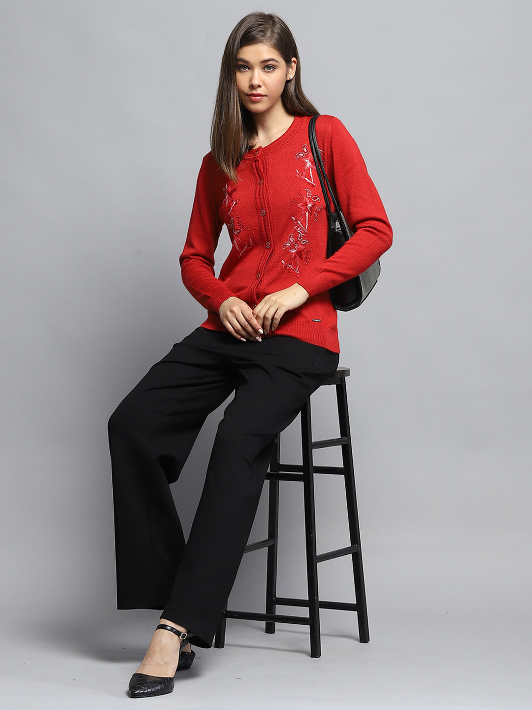 Women Red Self Design Round Neck Full Sleeve Cardigan