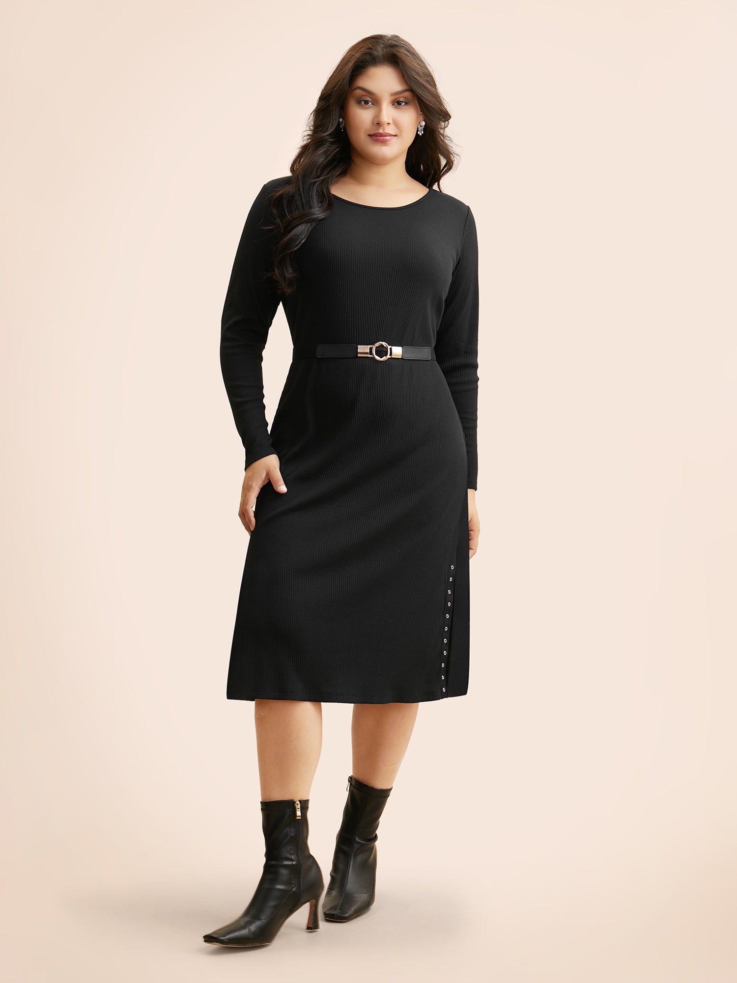 Crew Neck Eyelet Split Hem Dress