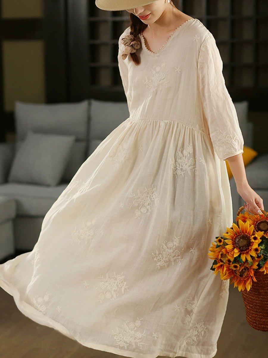 Women Summer Artsy Embroidery O-Neck 100%Ramie Dress