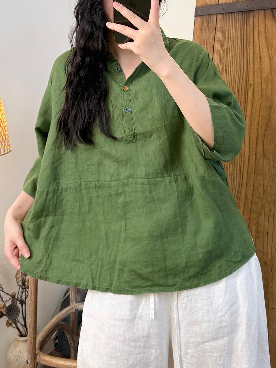 Women Summer Pure Color Turn-down Collar Collar Linen Shirt