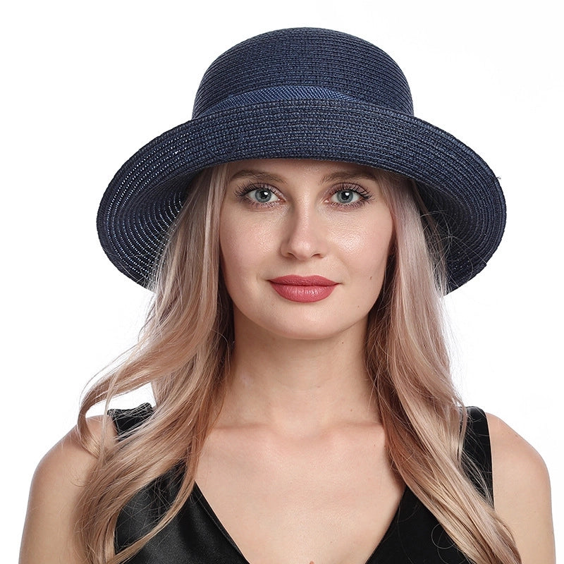 Women's Casual Retro Solid Color Bowknot Crimping Straw Hat