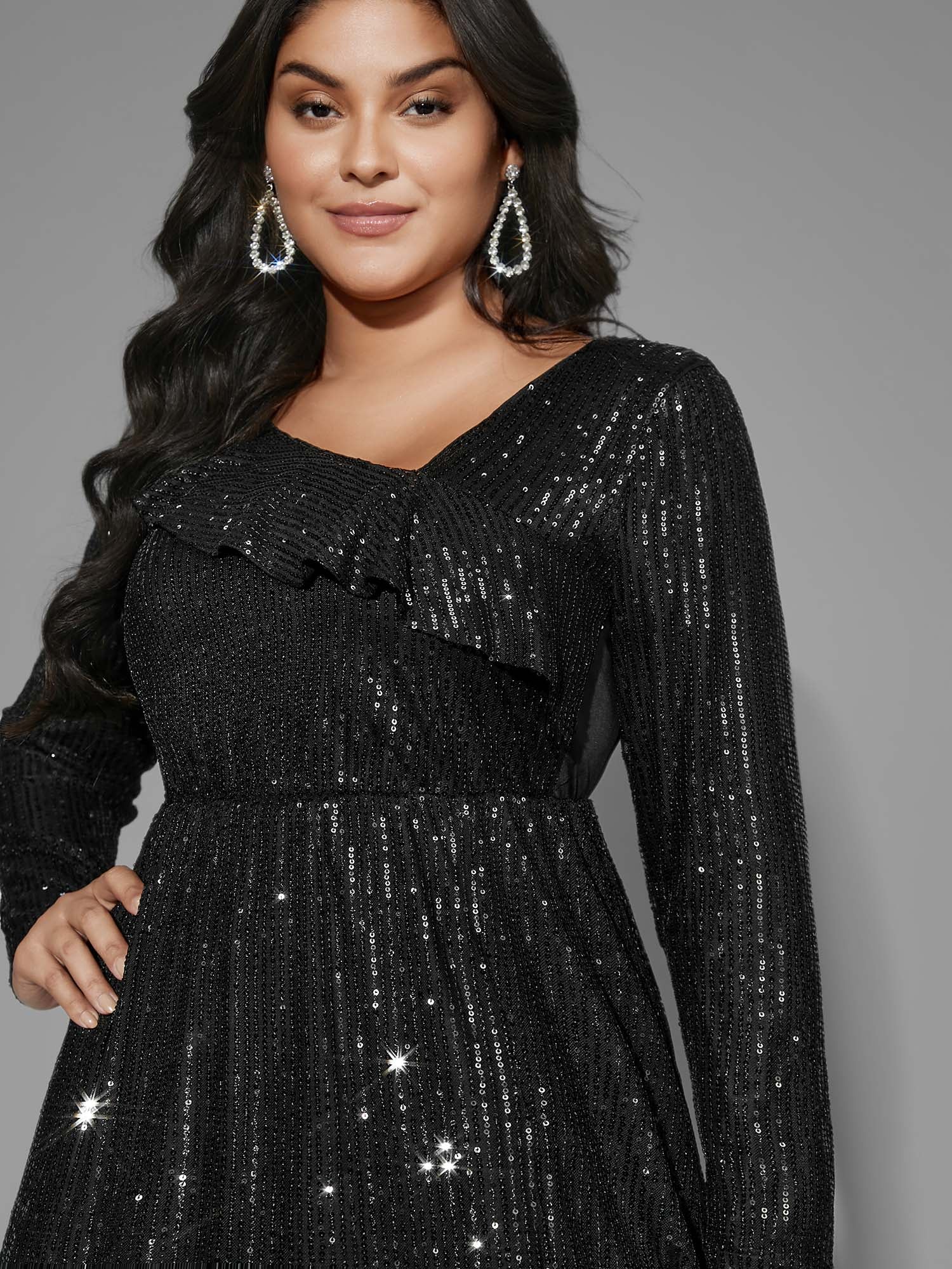 Sequin Mesh Asymmetrical Neck Midi Dress