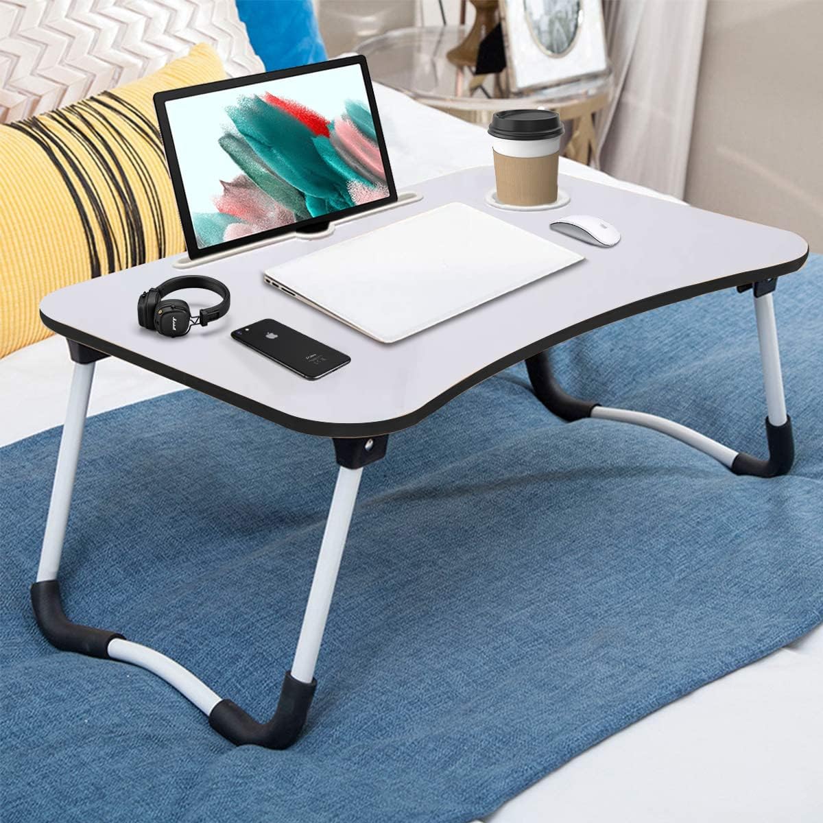 Laptop Bed Table With Foldable Metal Legs. Tablet & Cup Holder - Fits Upto 17 Portable Bed Desk For Laptop. Eating And Writing