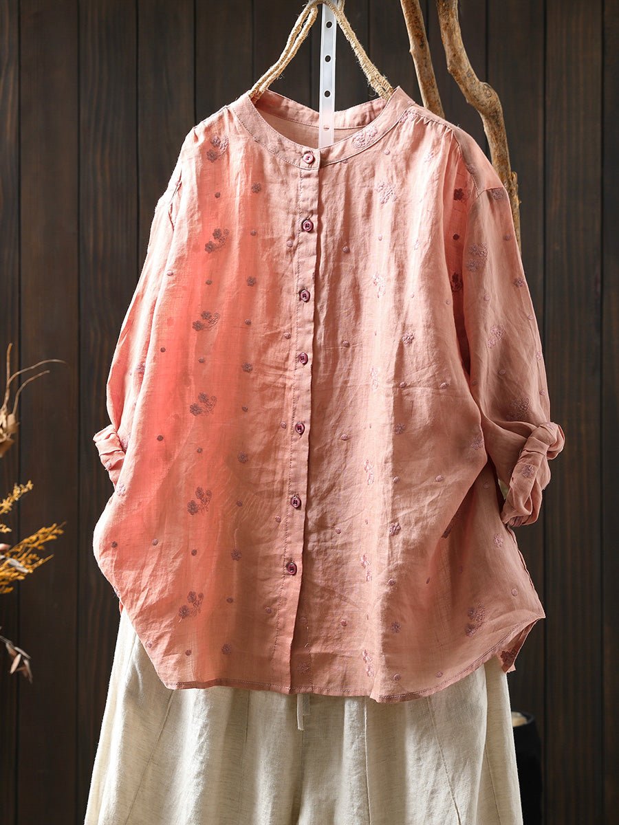 Women Summer Embroidery 100%Ramie Stand Collar Shirt