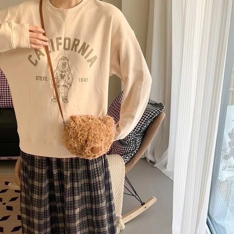 Women's Small Plush Bear Cute Zipper Shoulder Bag
