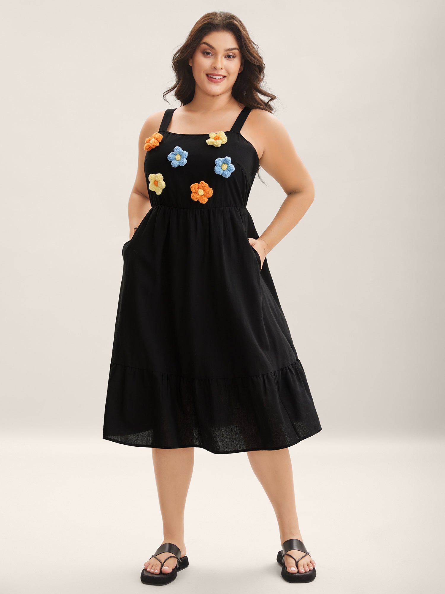 Cotton Crochet Floral Stretchy Waist Midi Dress