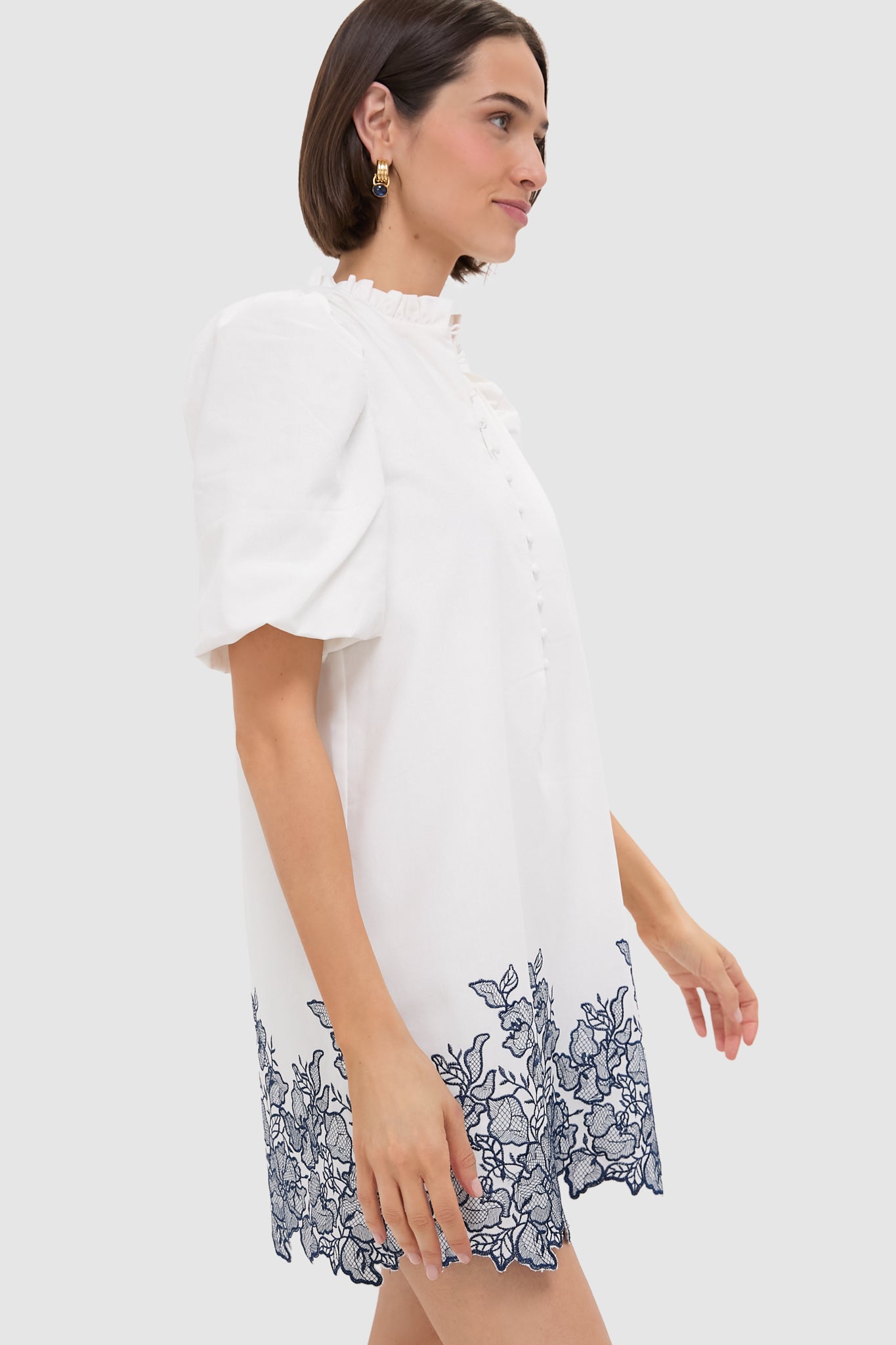 White & Navy Embroidery Mimi Mini Dress