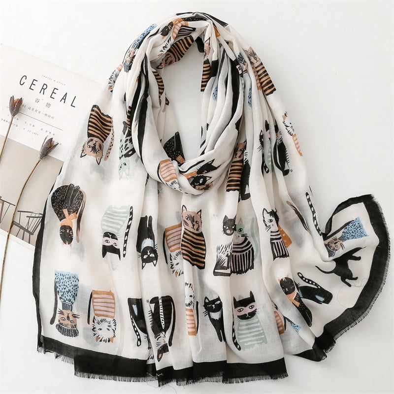 Broadcast Cute Kitten Paradise Printed Silk Scarf Satin Cotton Long Scarf Spring And Autumn Sunscreen Travel Scarf