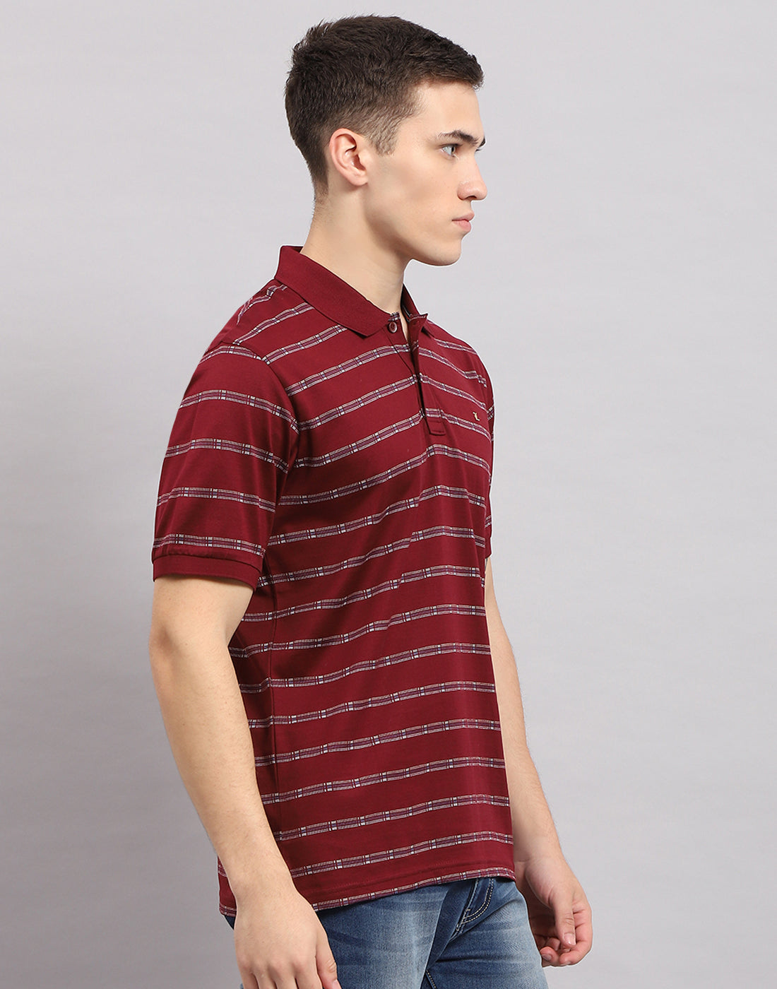 Men Maroon Stripe Polo Collar Half Sleeve T-Shirt