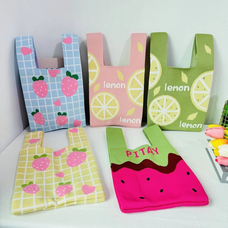 Women's Small Polyester Letter Fruit Cute Square Open Handbag