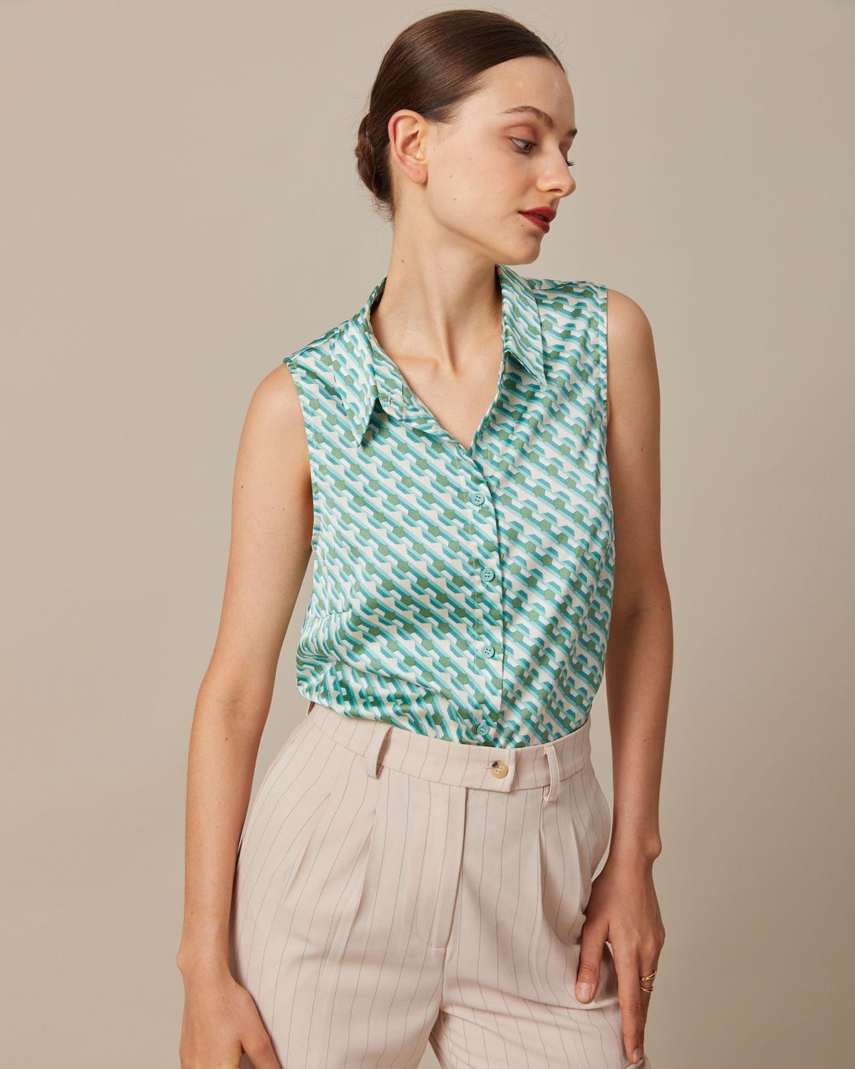 The Green Collared Geometric Print Vest