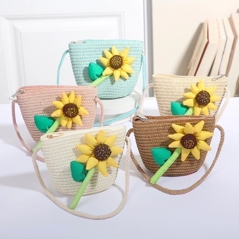 Women's Mini Straw Flower Bow Knot Fashion Bucket Zipper Shoulder Bag Handbag Crossbody Bag