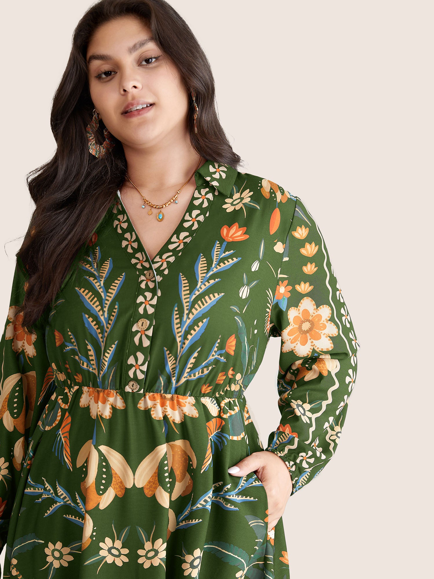 Bandana Print Pocket Lapel Collar Elastic Cuffs Dress