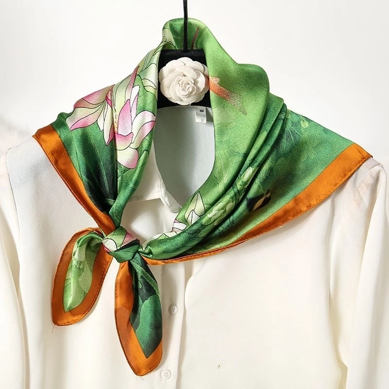 Women's Elegant Color Block Flower Satin Silk Scarf Kerchief