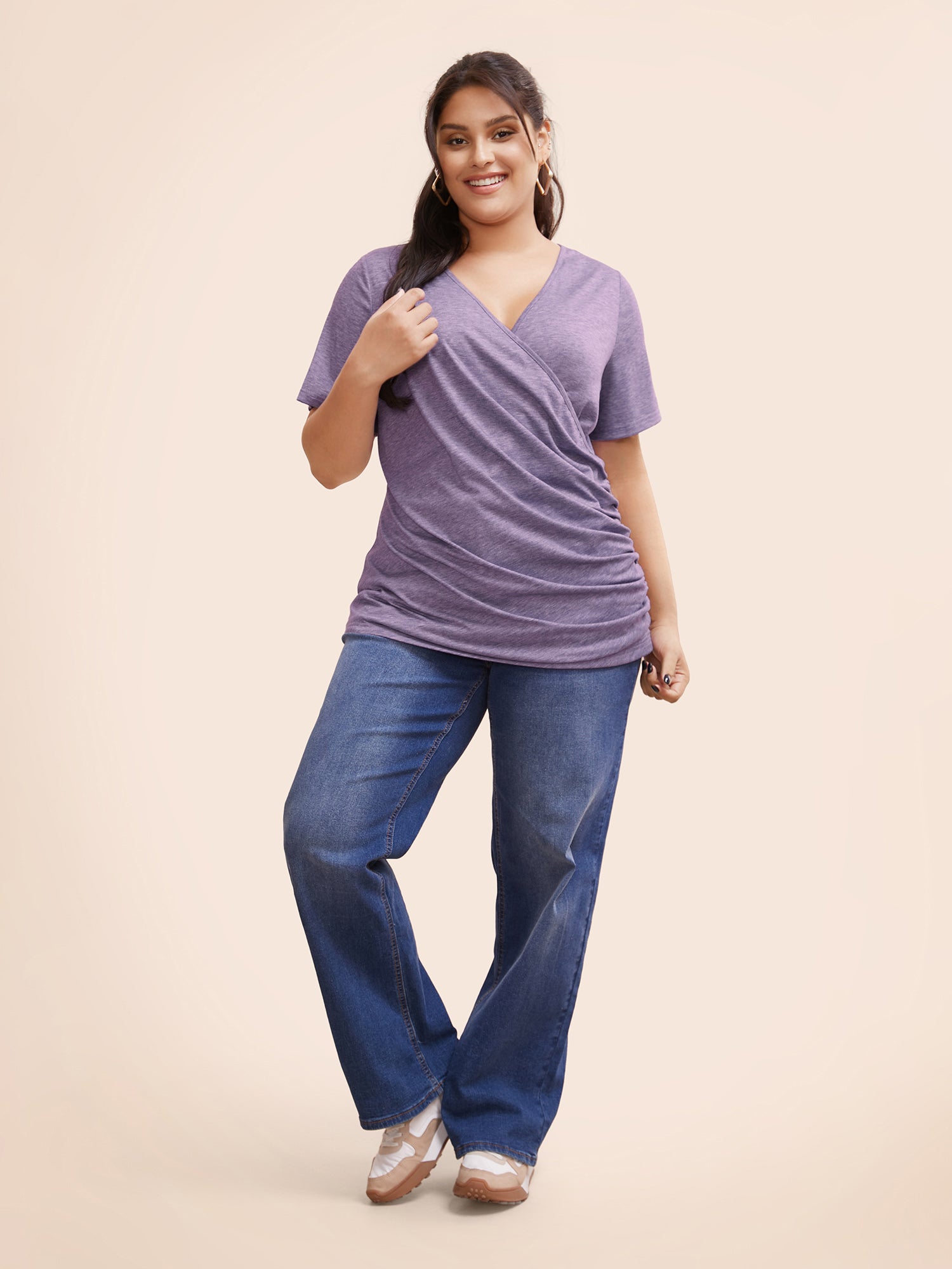 Solid Heather Overlap Collar Gathered T-shirt