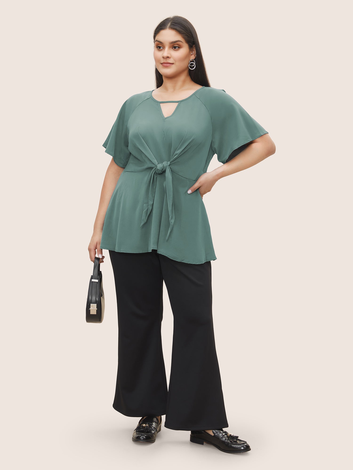 Plain Keyhole Knotted Front Ruffle Sleeve Blouse