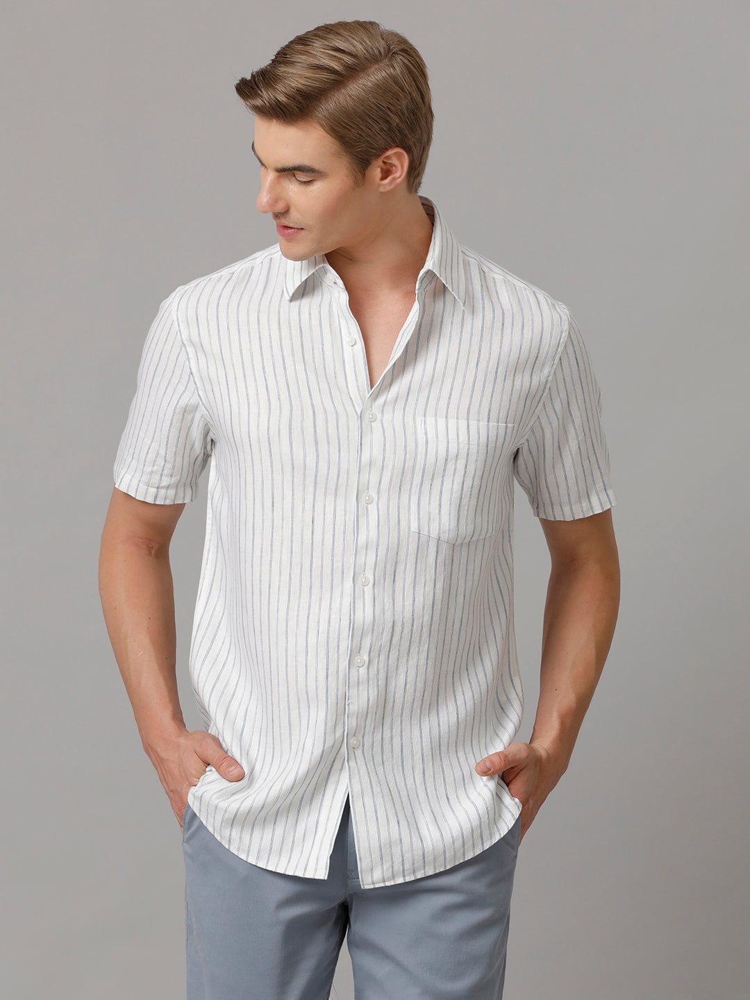 Men Stripes Casual White Shirt (LAINE)