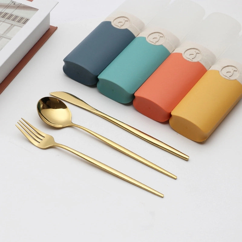 Retro Pastoral Color Block Stainless Steel Spoon Fruit Knife Fruit Fork 1 Set