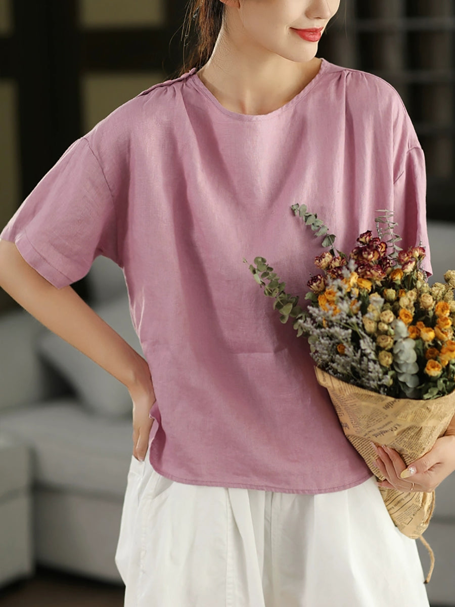 Women Summer Artsy Pure Color O-Neck 100%Linen Shirt