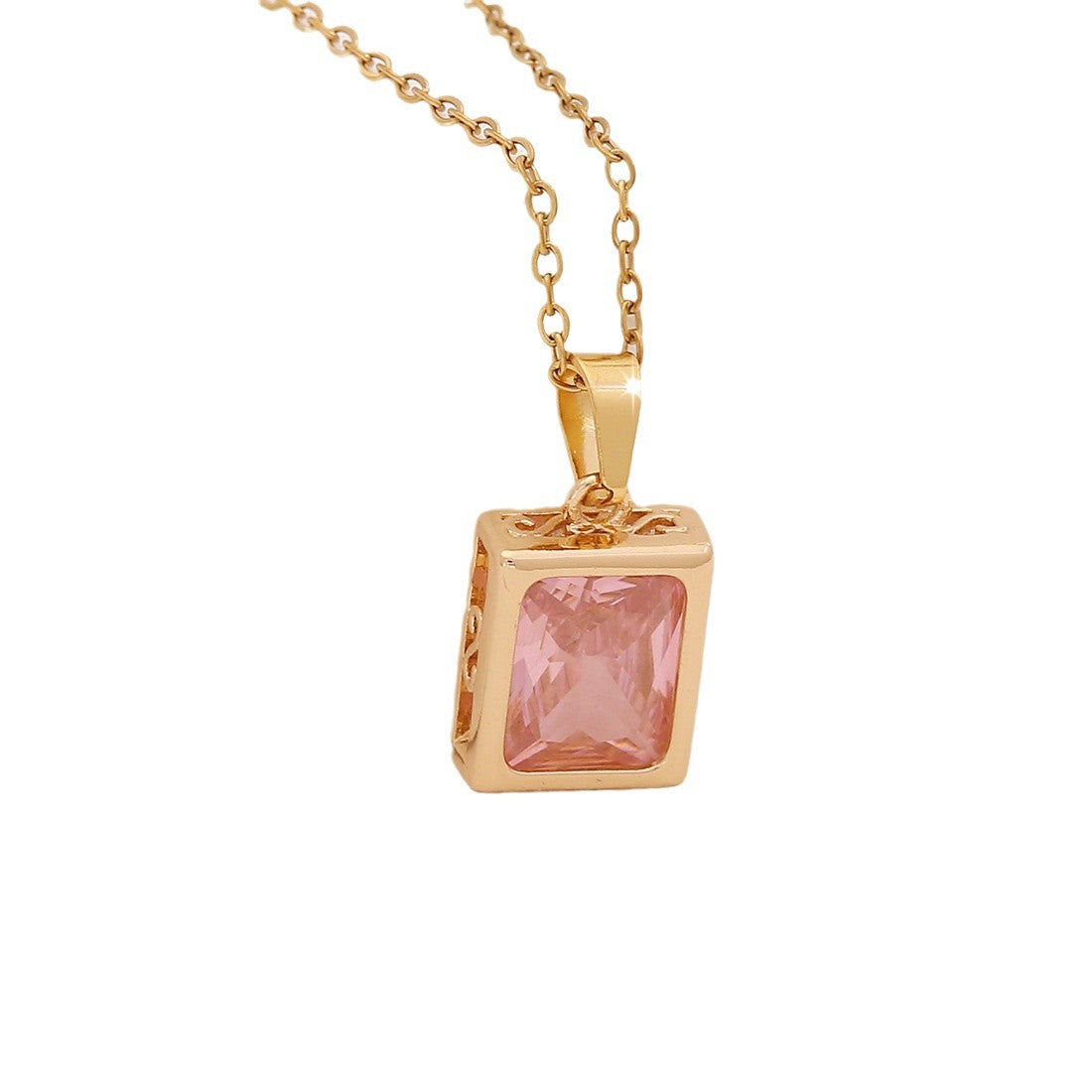 Pink Zirconium Flower Pendant Leaf Geometric Square Clavicle Chain Niche N1487