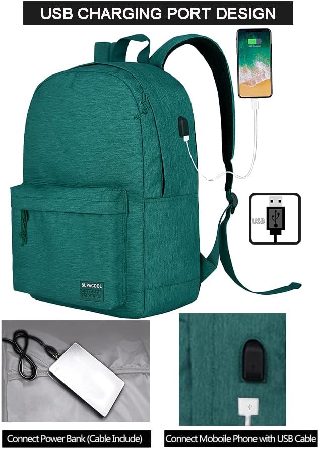 SUPACOOL Casual Laptop Backpack for Men and Women, School Backpack for Boys and Girls, College Bookbag, USB Charging Port, Lightweight Back Pack(Black)