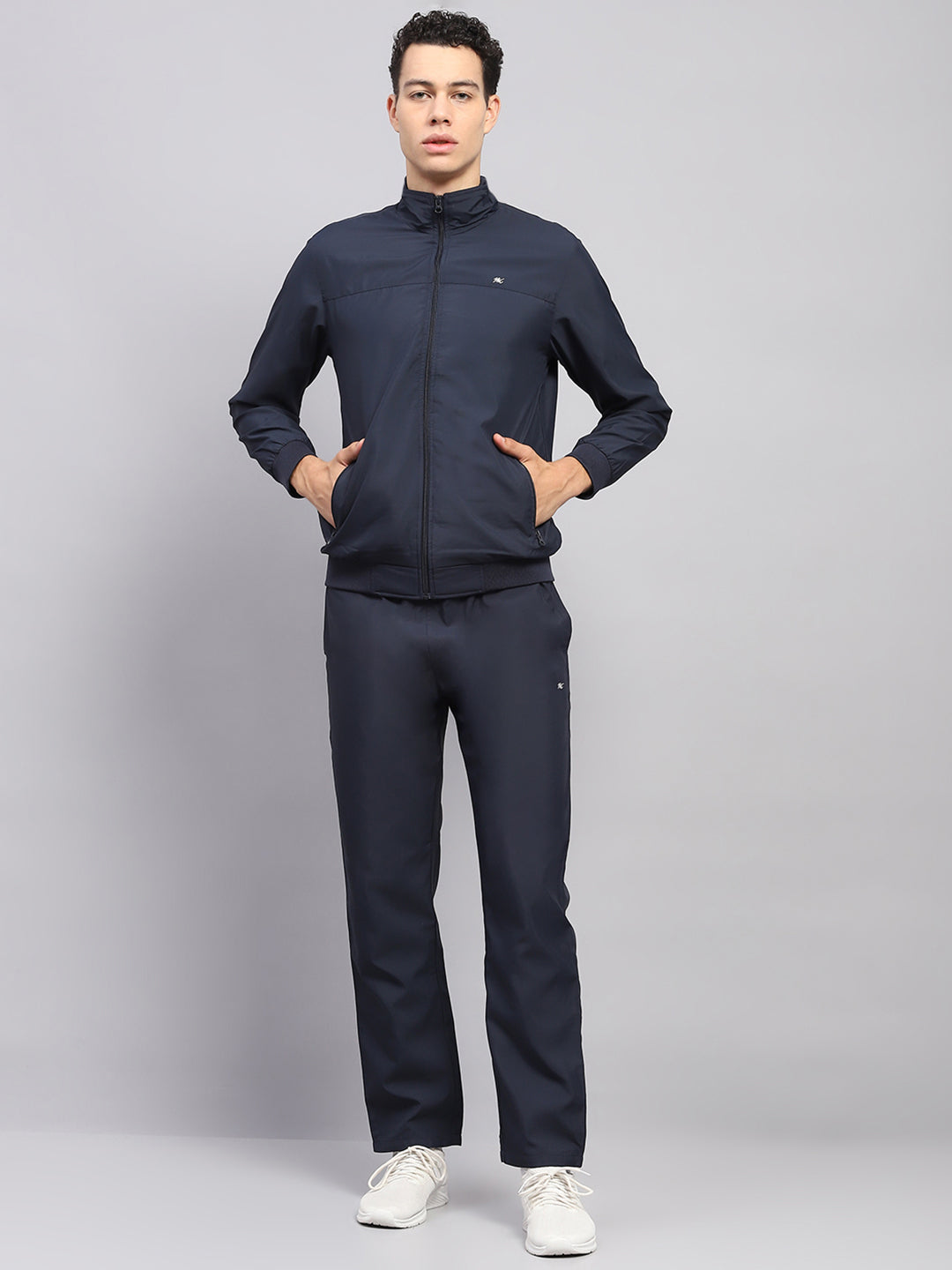 Men Blue Solid High Neck Full Sleeve Tracksuit