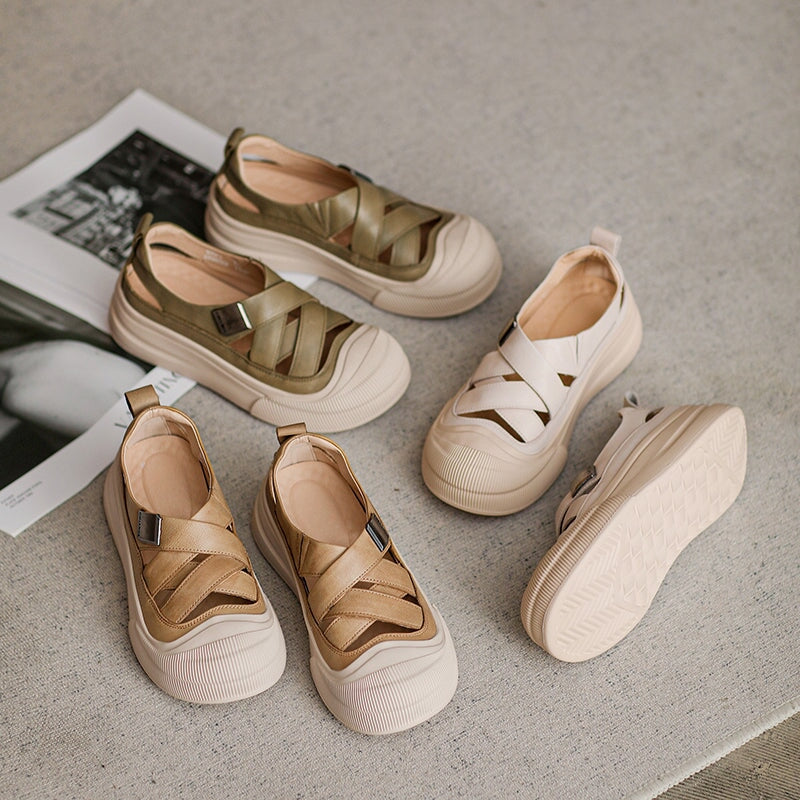 Platform Hollow-Out Low-top Roman Sandals Cow Leather Fisherman Shoes in Beige/Yellow/Green