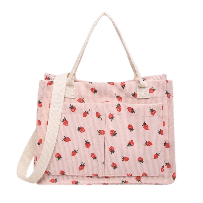 Women's Large Corduroy Solid Color Strawberry Basic Classic Style Square Zipper Tote Bag