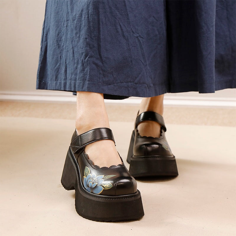Retro Cowhide Leather Mary Jane 70mm Platform Shoes with Floral Print in Black