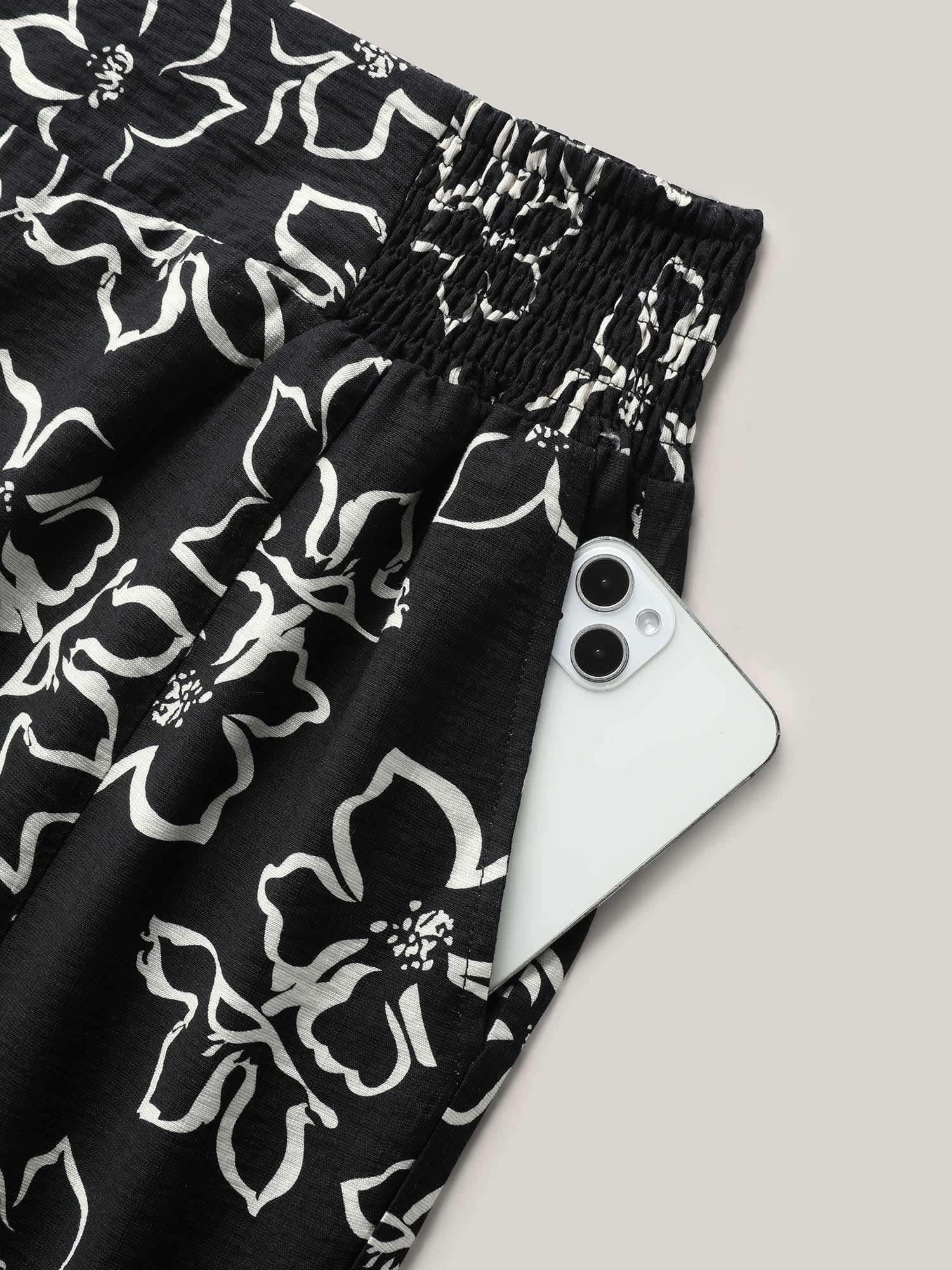 Floral Shirred Waist Wide-Leg Pants