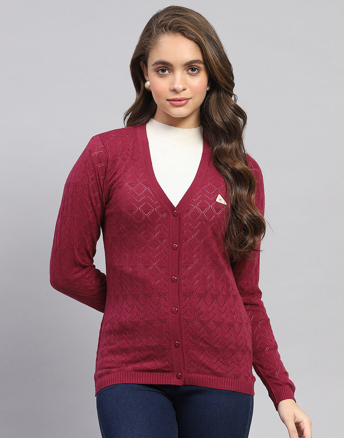 Women Maroon Self Design V Neck Full Sleeve Cardigan