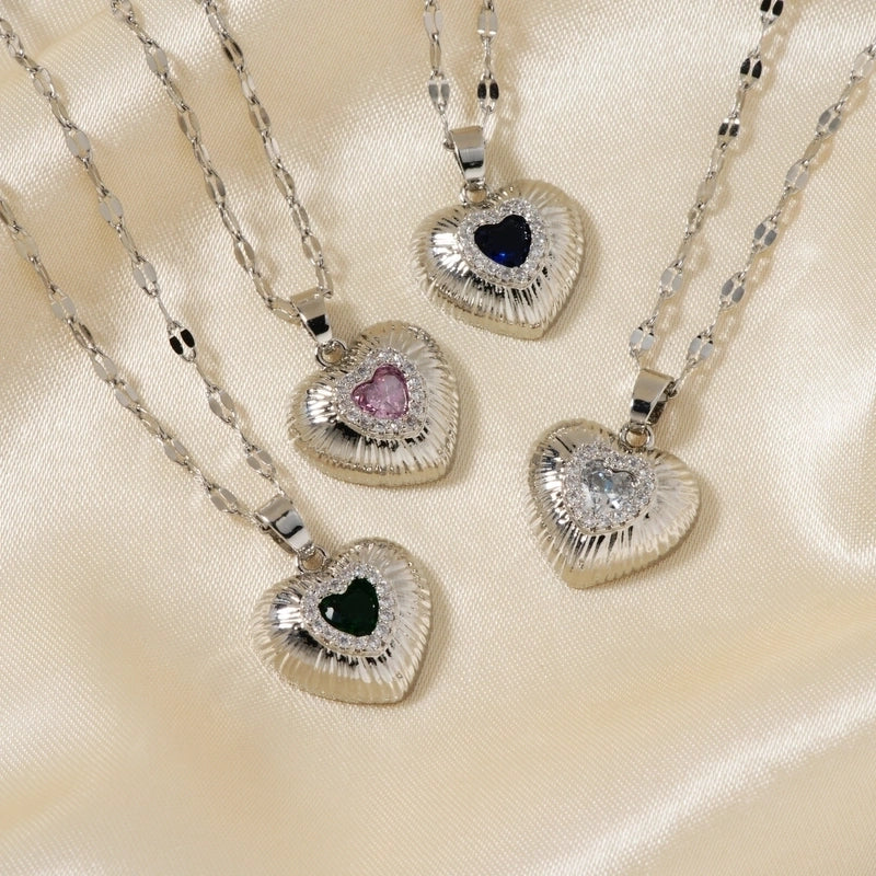 Classic Style Heart Shape 304 Stainless Steel Copper Zircon K Gold Plated Rhodium Plated Inlay Pendant Necklace