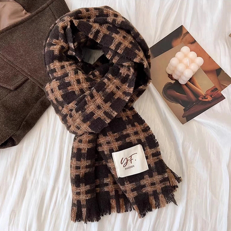 New Plaid Autumn And Winter White Scarf Women's  Atmosphere Warm Soft Tassel Shawl Scarf