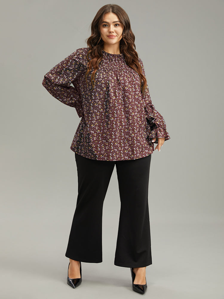 Ditsy Floral Stand Collar Pleated Blouse