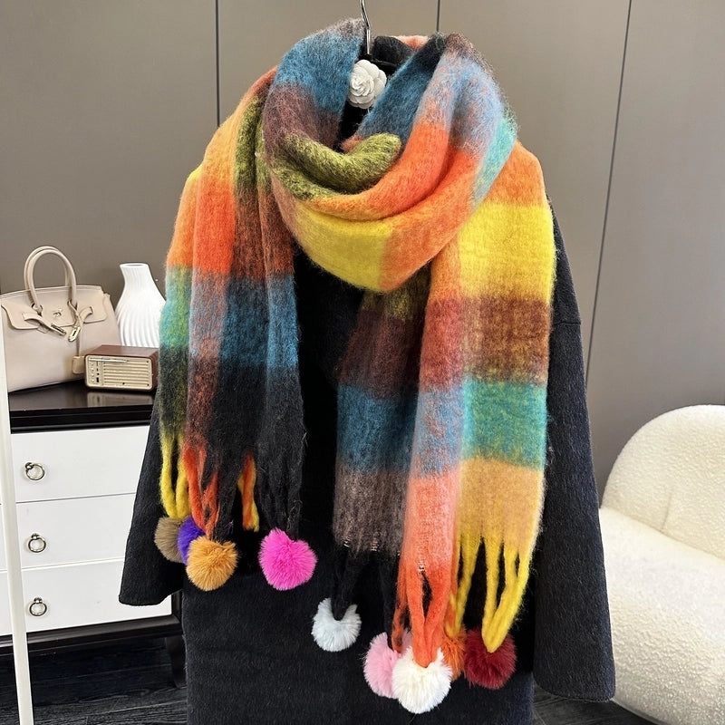New Rainbow Stitching Dyed Plaid Scarf Women's Winter Atmosphere Long Style Thickened Tassel Scarf