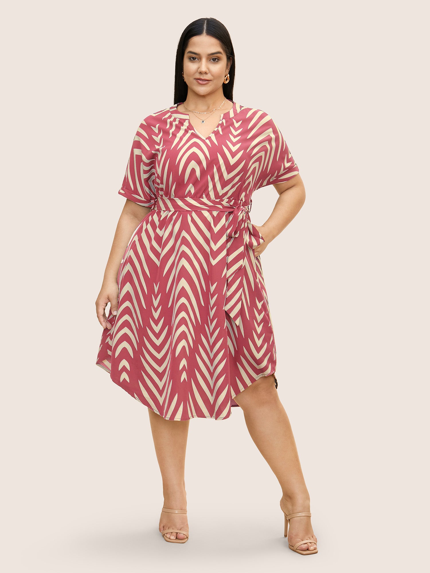 Geometric Belted Dolman Sleeve Curved Hem Dress