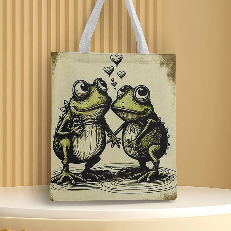 Women's Canvas Cartoon Frog Basic Classic Style Square Open Canvas Bag