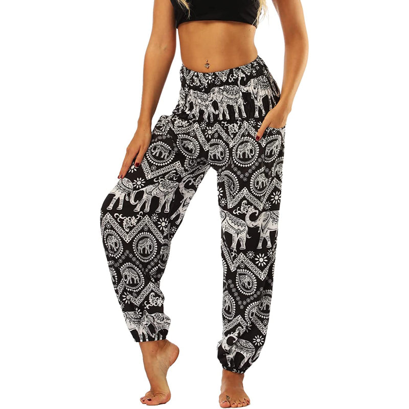Women's Boho Pants Harem Smocked Waist Yoga Hippie Palazzo Summer Beach Pants