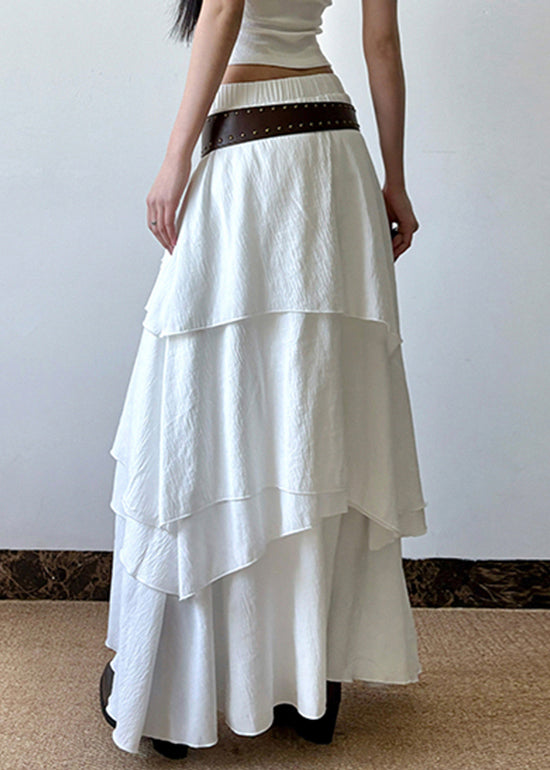 Bohemian White Layered Solid Elastic Waist Cotton Skirts Summer