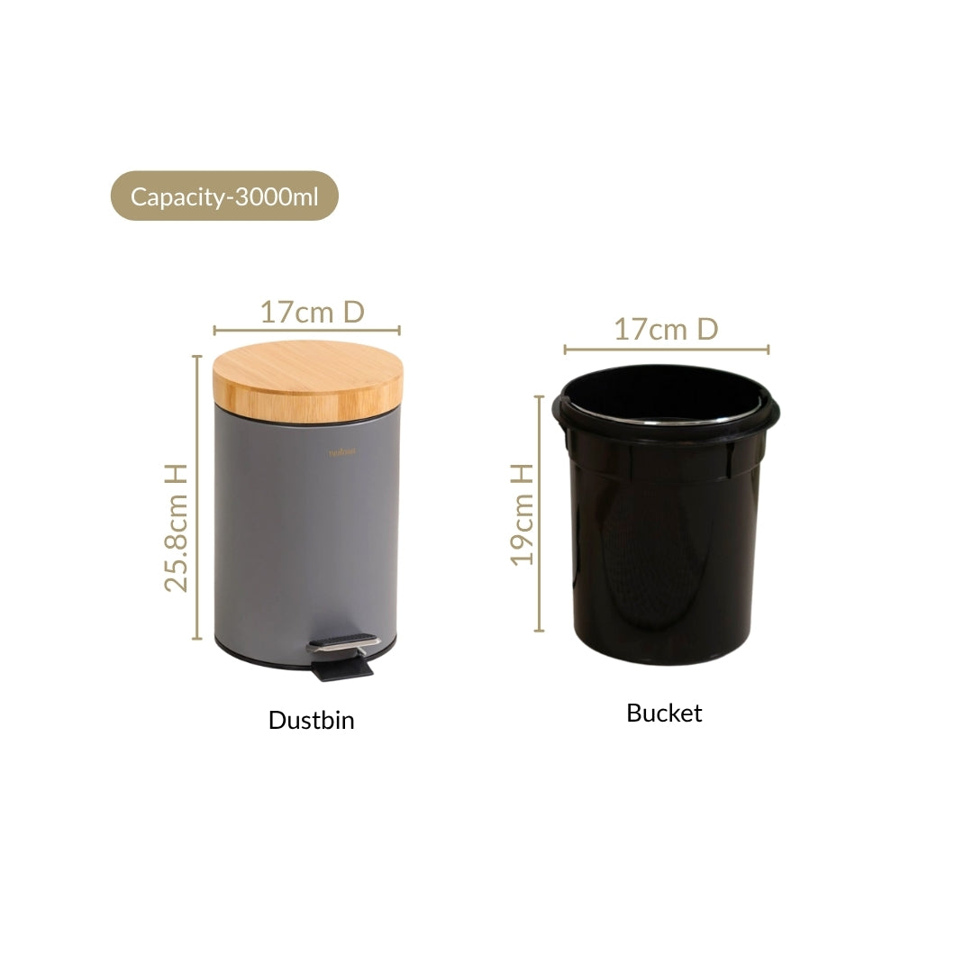 Modbin Bamboo Lid Metal Dustbin Grey 3000ml