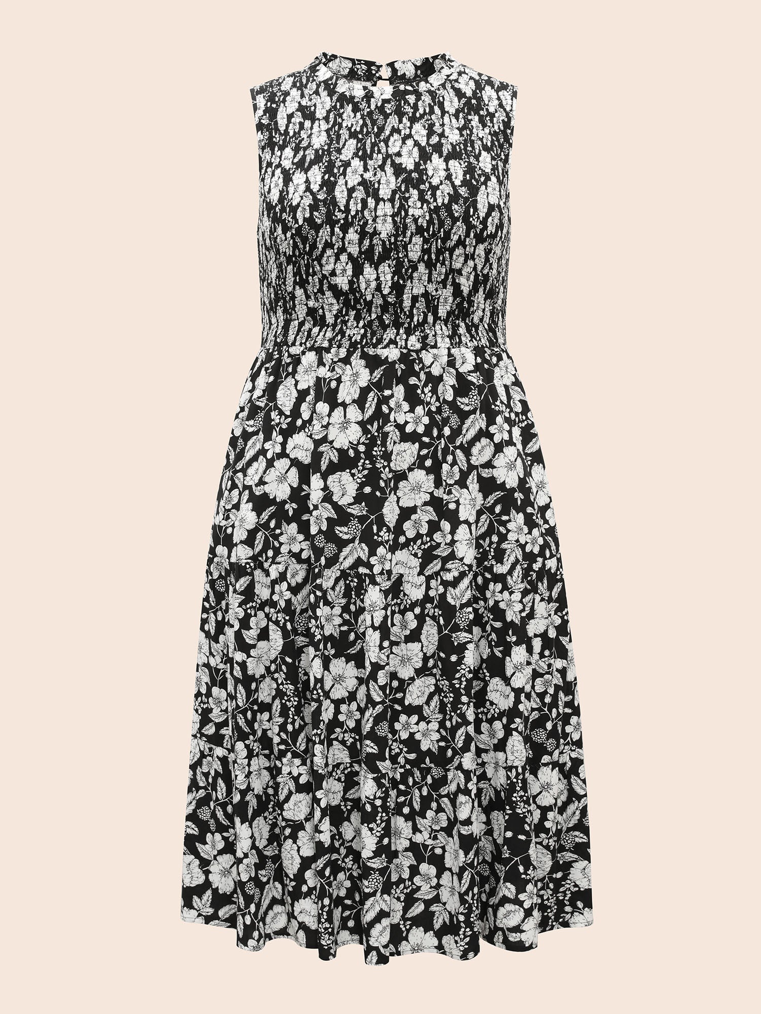 Floral Print Shirred Sleeveless Midi Dress