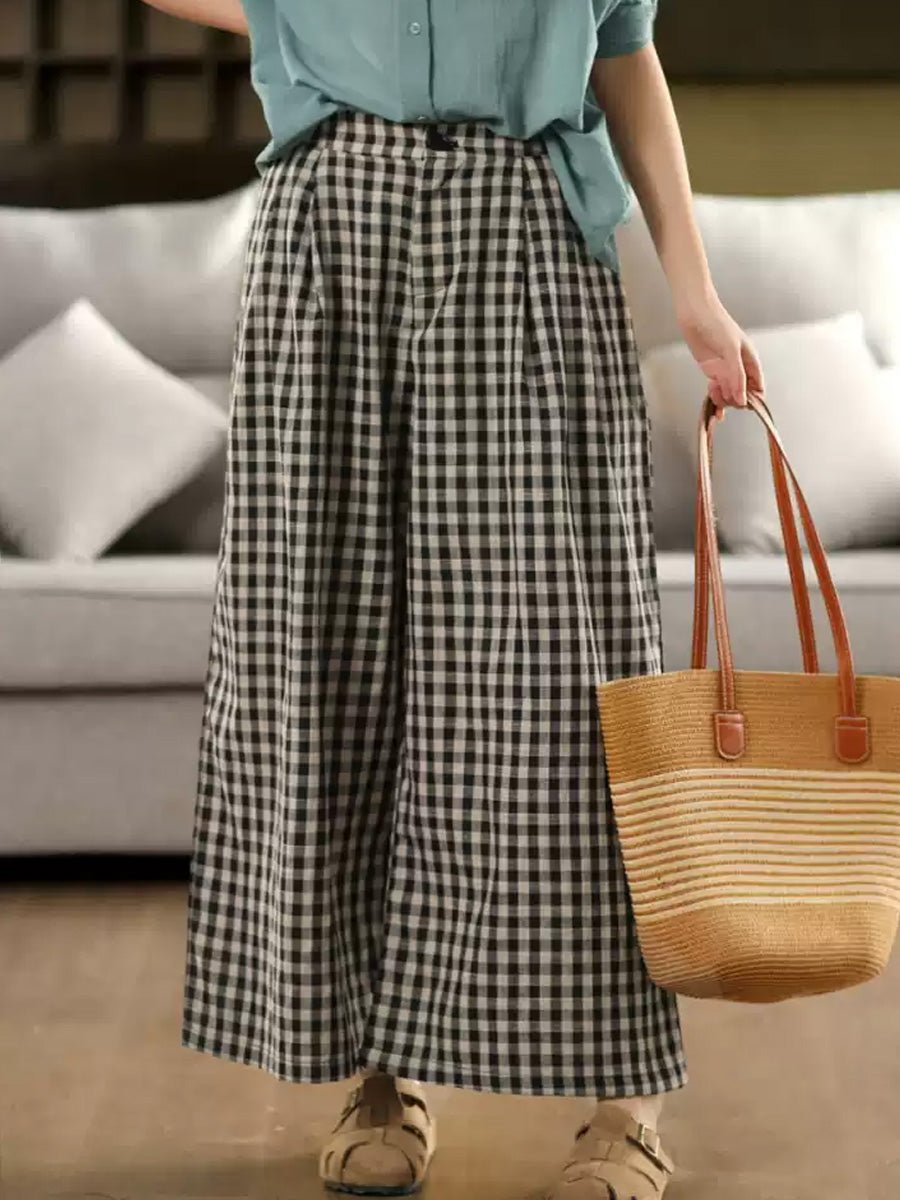 Women Summer Vintage Plaid Cotton Wide-leg Pants