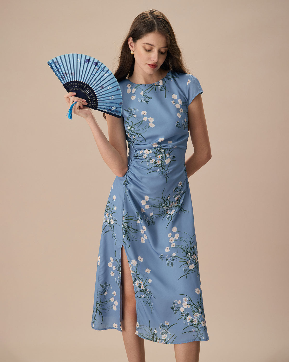 The Blue Round Neck Slit Floral Midi Dress