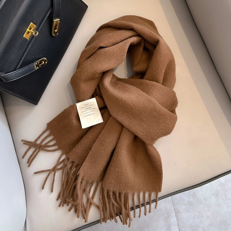White Pure Wool Scarf Female Winter Student Warm Scarf New Versatile Tassel Narrow Scarf Couple