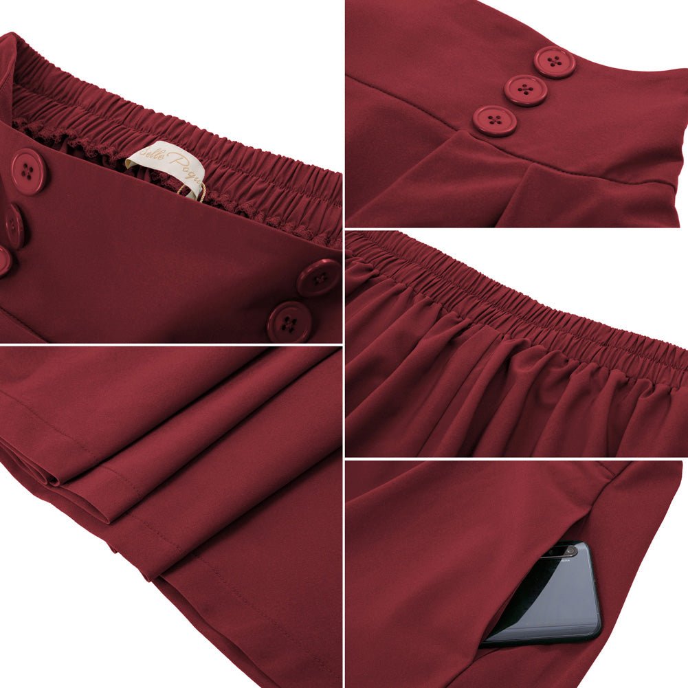 Leaf Patterns Pleated Buttons Decorated Elastic Waist High Waist Swing A-Line Skirt with Pockets