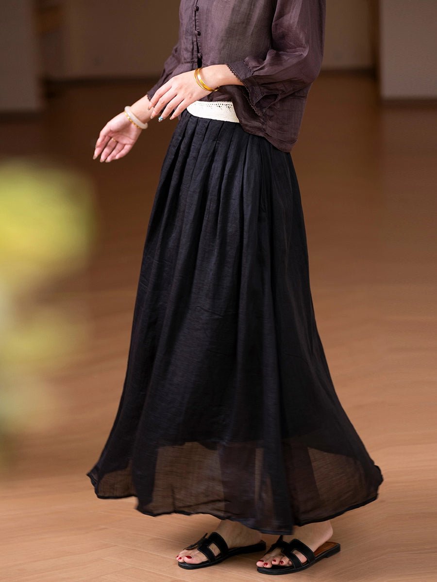 Women Summer Artsy Pure Color A-Shape 100%Ramie Skirt