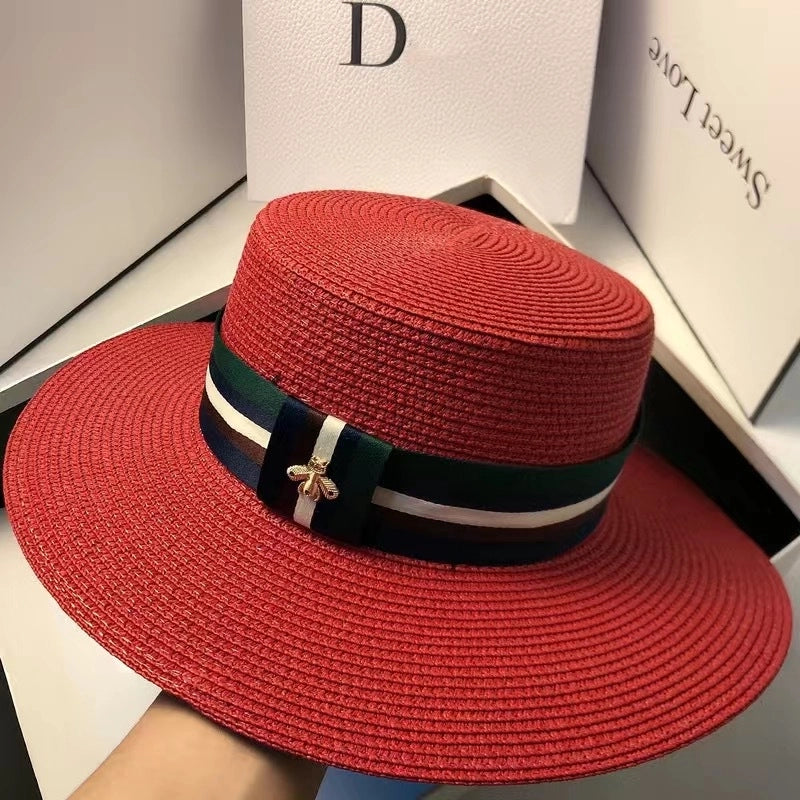Hat Multi-color Striped Bee Flat Top Top Hat Summer Fashion Korean-style Travel Sunshade Straw Hat Women