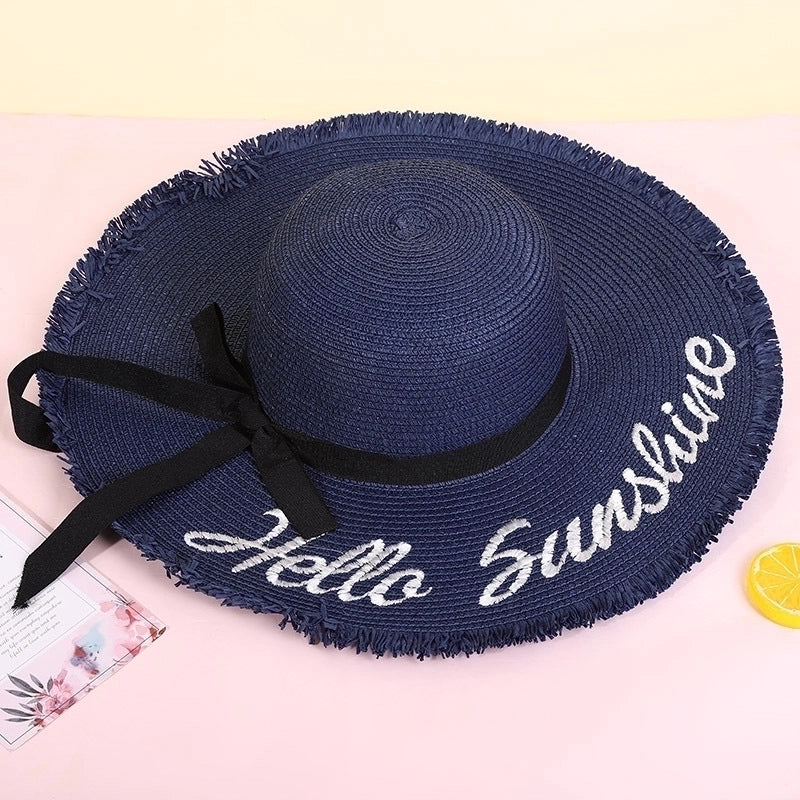Fashion Wide-brimmed Outdoor Streamer Letter Printing Straw Sunscreen Hat