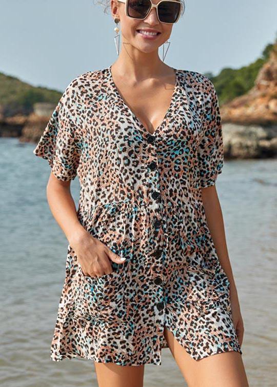 French Leopard Button Pockets Vacation Summer Cotton Dress